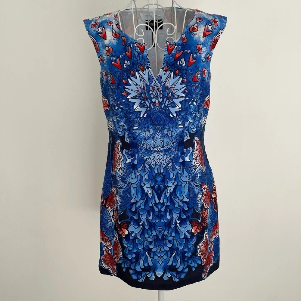 Laundry by Shelli Segal Blue & Red Butterfly Heart Print Dress Silk acetate SZ 0